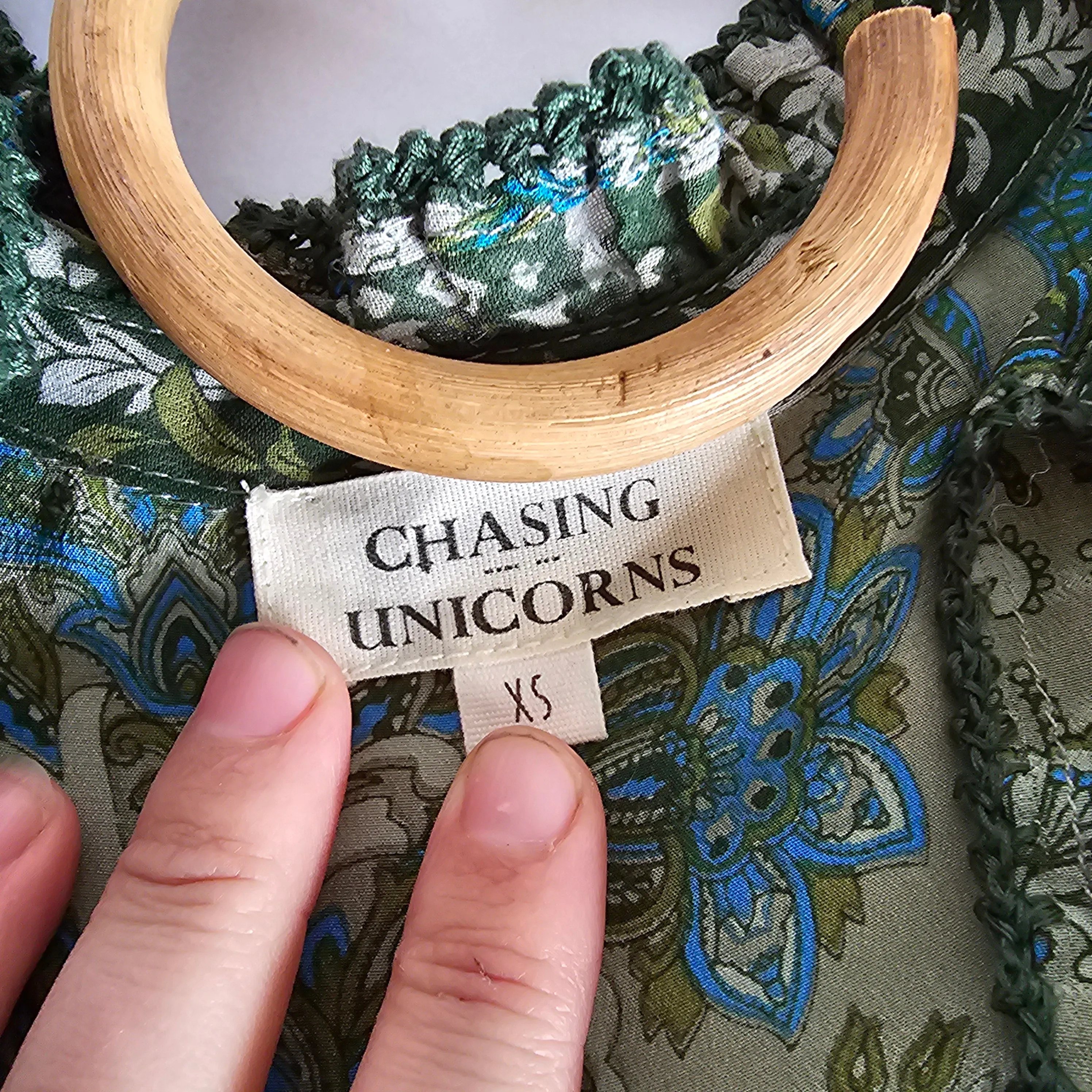 🦄 Chasing Unicorns 'Dark Sweet Lady' Silk Blouse – XS – Rare Green Floral Boho Western Style