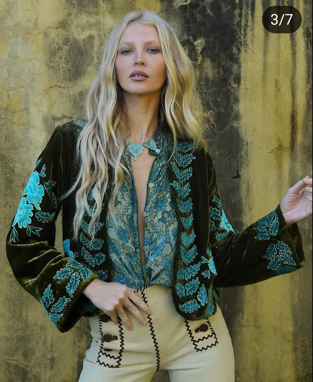 🦄 Chasing Unicorns 'Dark Sweet Lady' Silk Blouse – XS – Rare Green Floral Boho Western Style