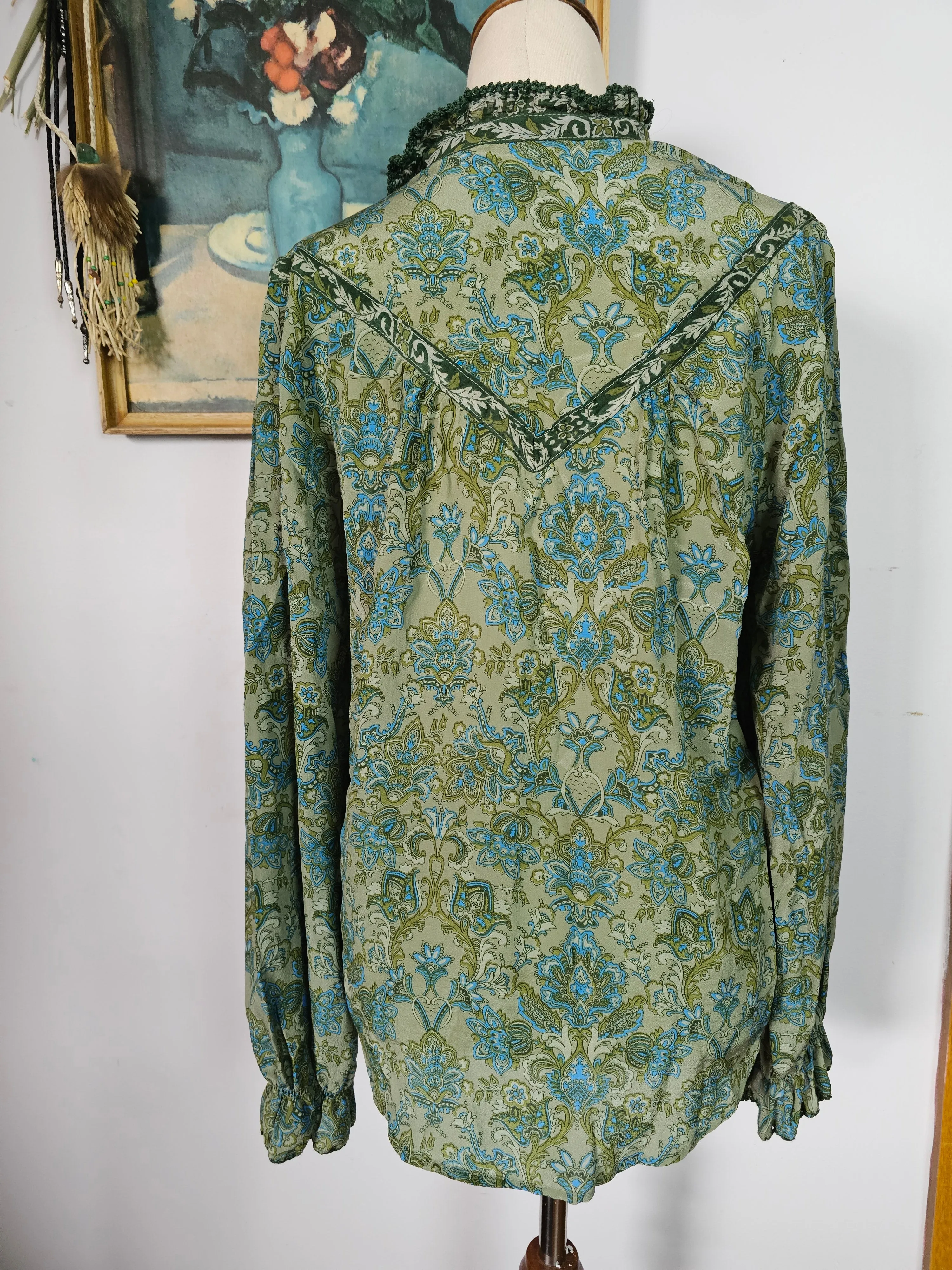🦄 Chasing Unicorns 'Dark Sweet Lady' Silk Blouse – XS – Rare Green Floral Boho Western Style