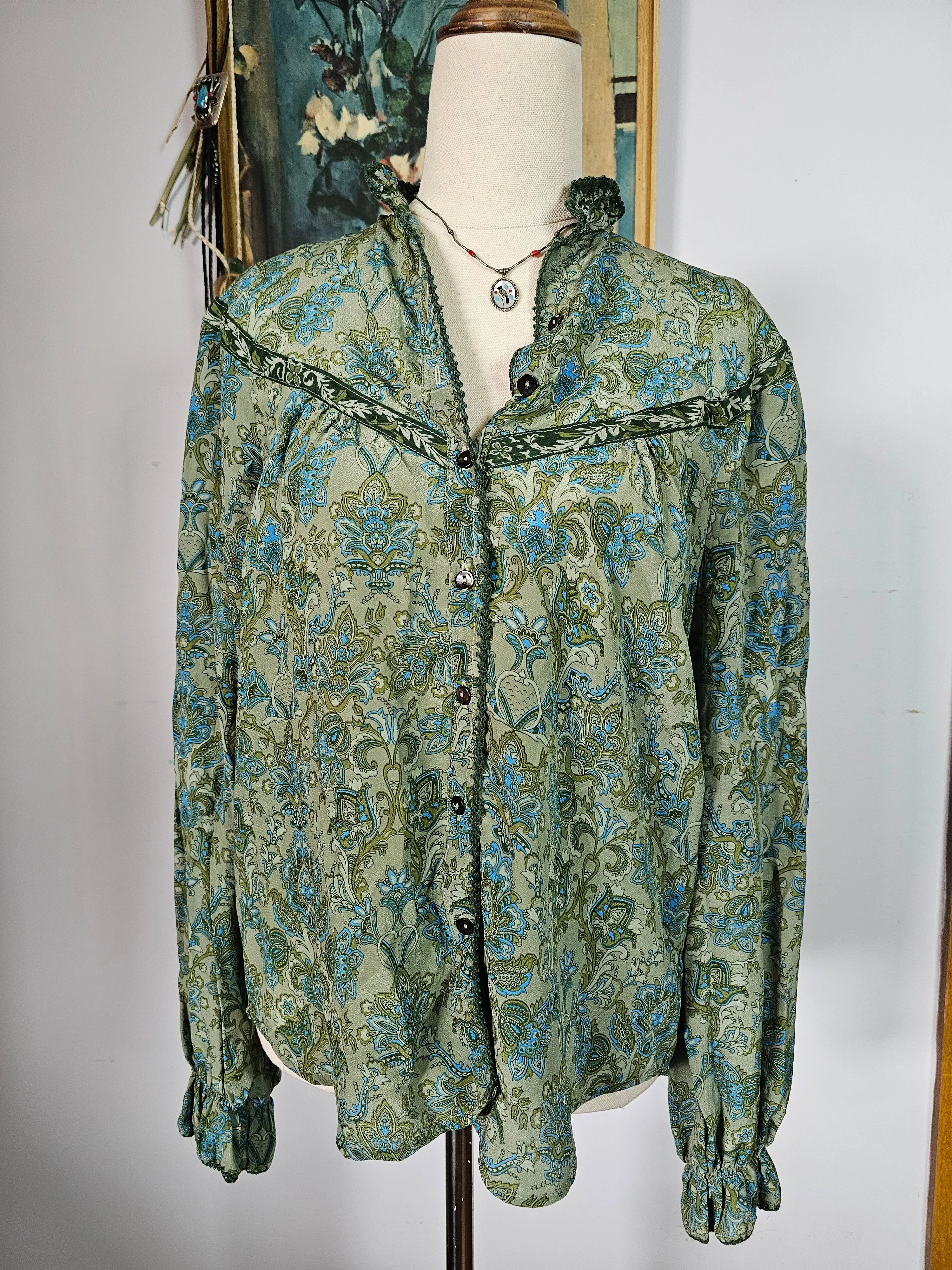 🦄 Chasing Unicorns 'Dark Sweet Lady' Silk Blouse – XS – Rare Green Floral Boho Western Style