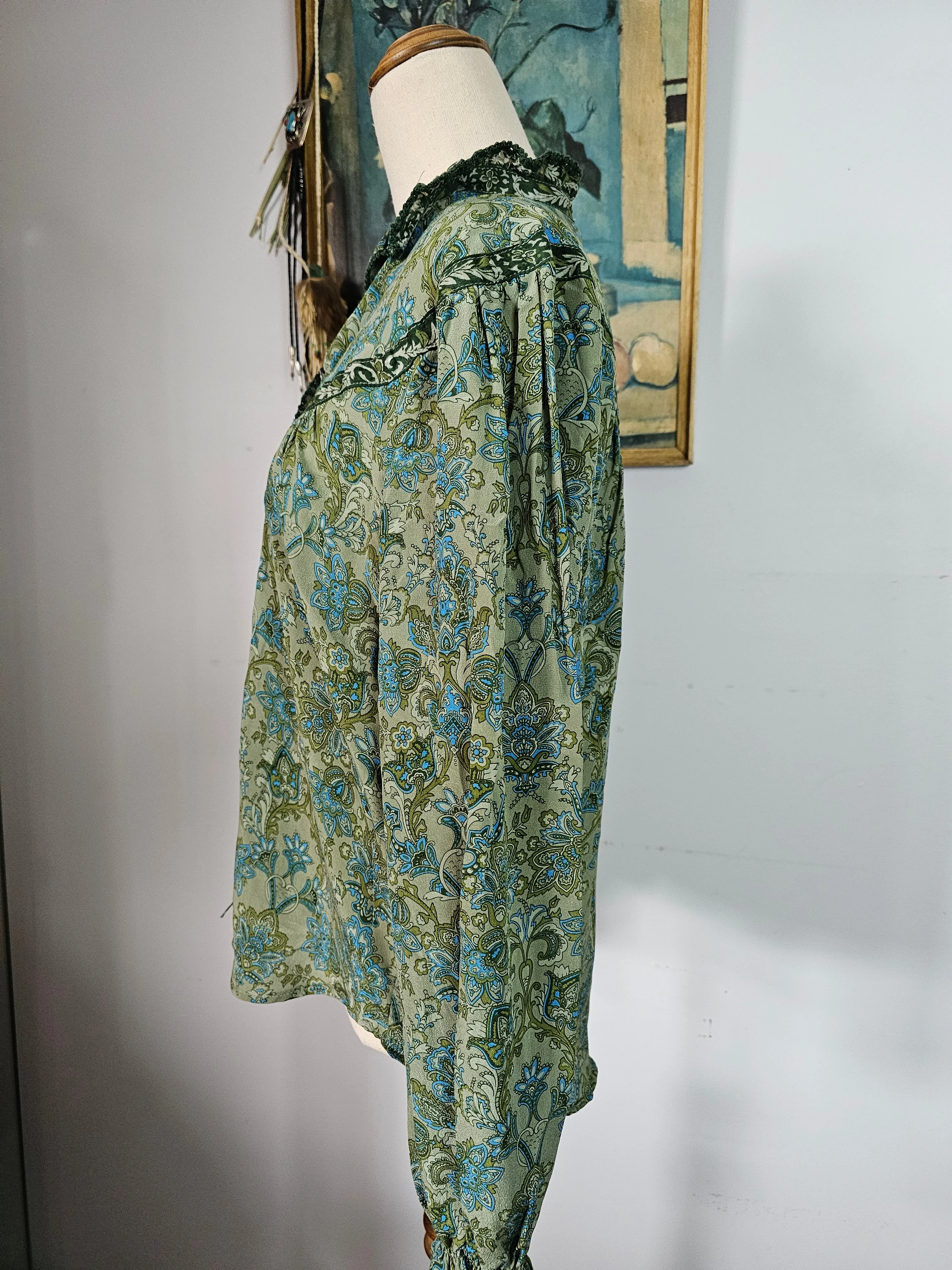 🦄 Chasing Unicorns 'Dark Sweet Lady' Silk Blouse – XS – Rare Green Floral Boho Western Style