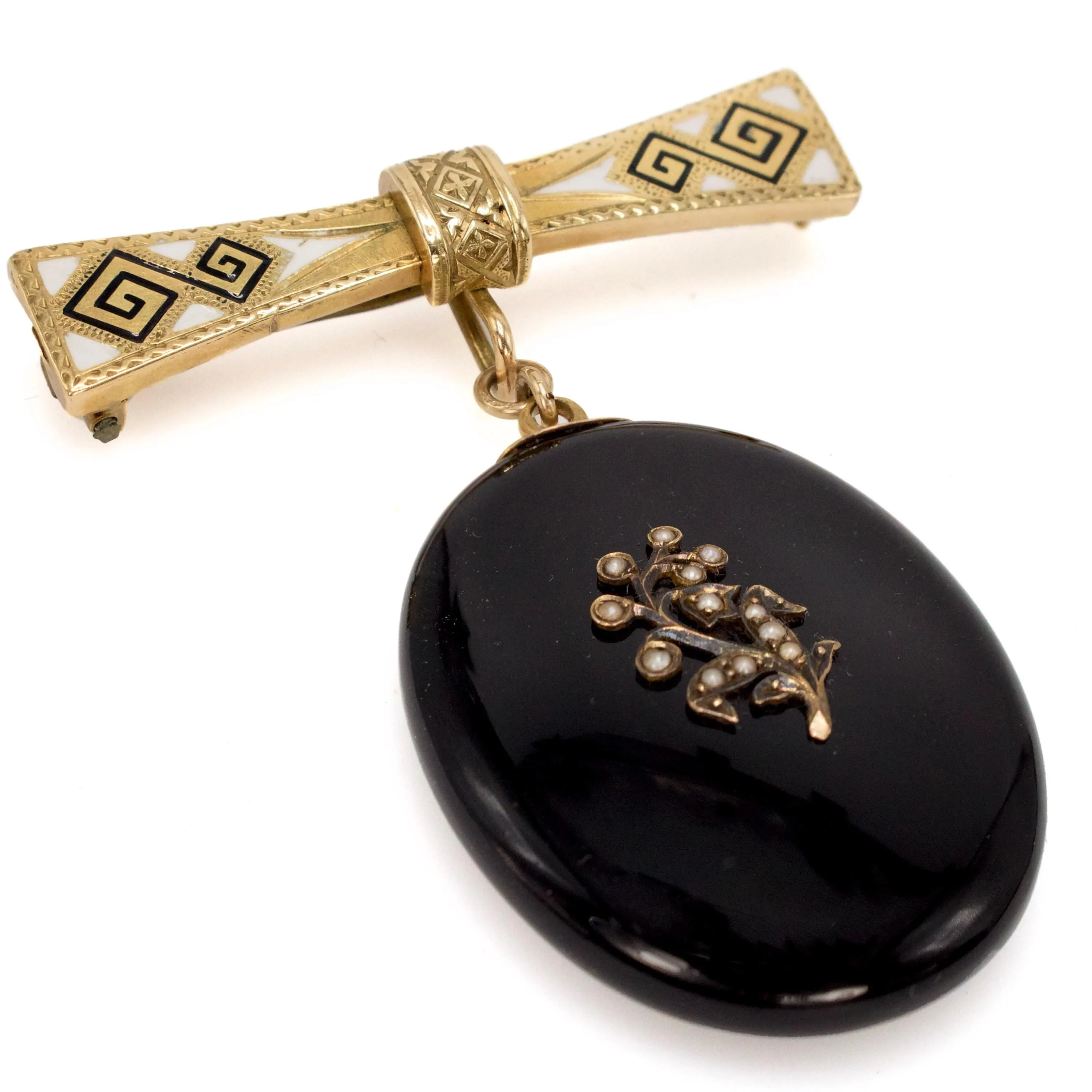 14K Gold Victorian Mourning Brooch with Black and White Enamel Pin and Onyx Locket