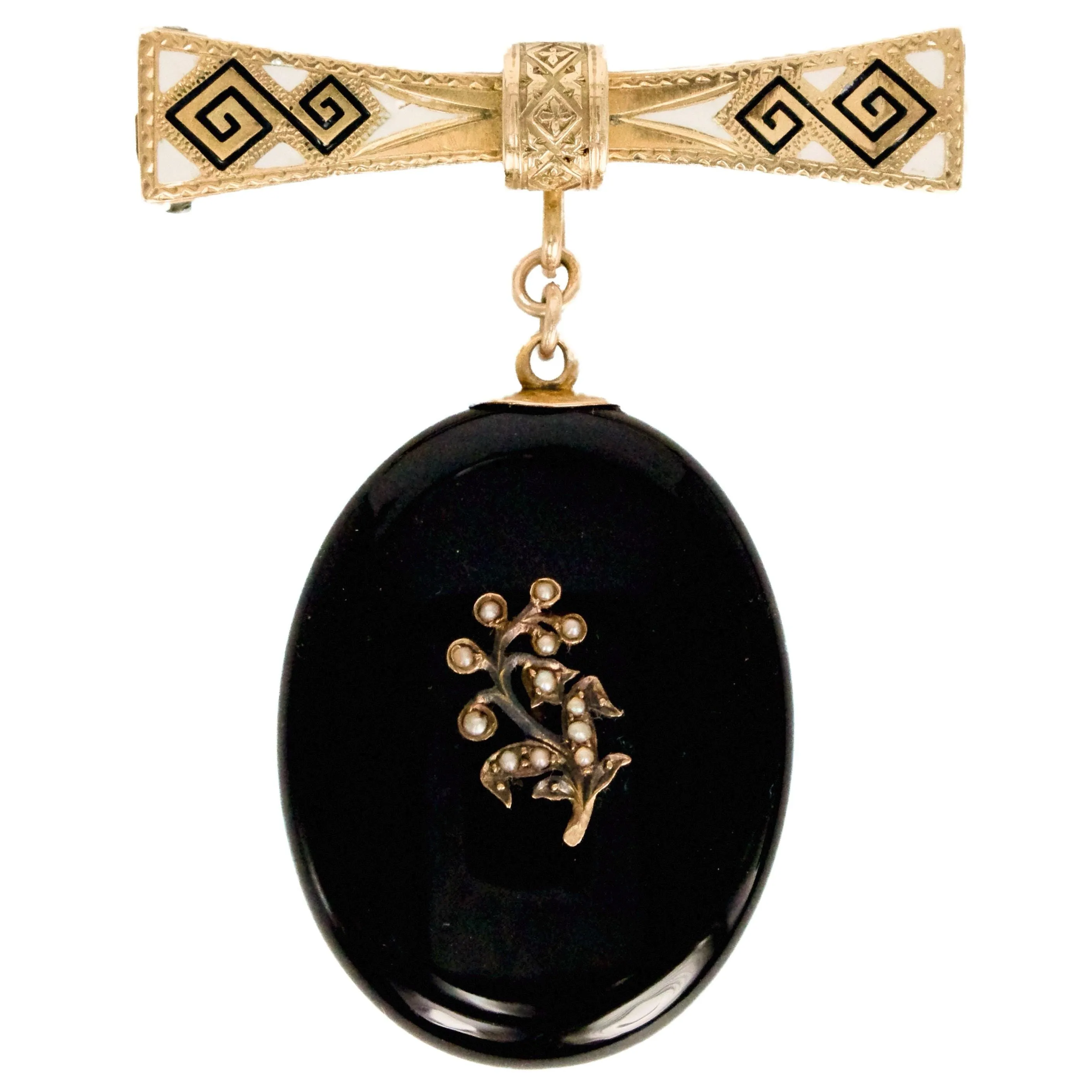 14K Gold Victorian Mourning Brooch with Black and White Enamel Pin and Onyx Locket
