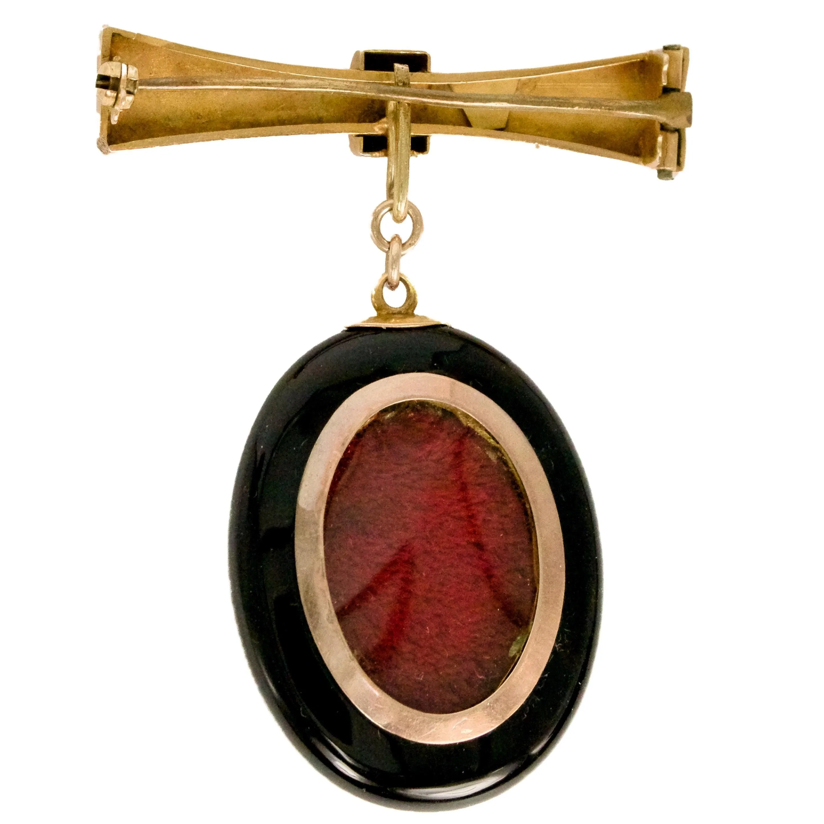14K Gold Victorian Mourning Brooch with Black and White Enamel Pin and Onyx Locket