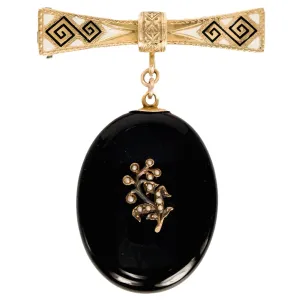 14K Gold Victorian Mourning Brooch with Black and White Enamel Pin and Onyx Locket