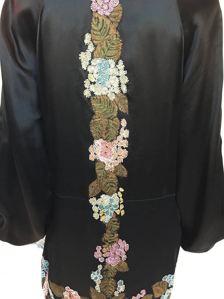 1920's Handmade Black Silk Embroidered and Beaded Floral Trim Dress