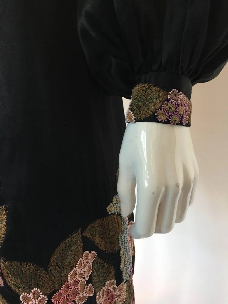 1920's Handmade Black Silk Embroidered and Beaded Floral Trim Dress