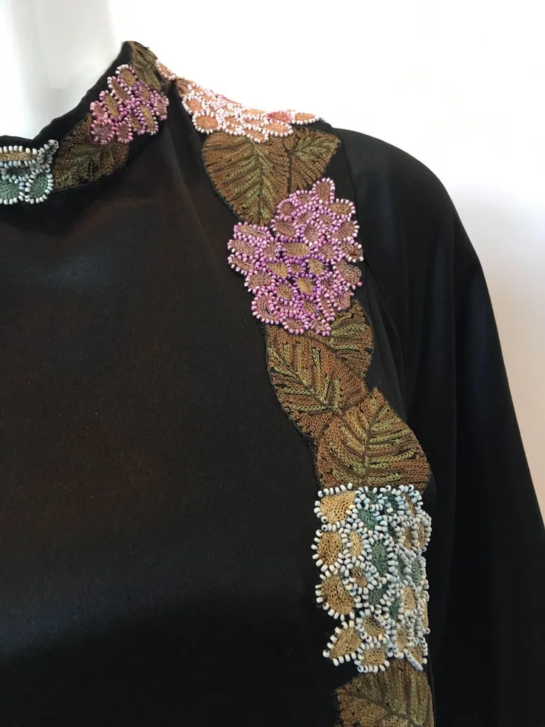 1920's Handmade Black Silk Embroidered and Beaded Floral Trim Dress