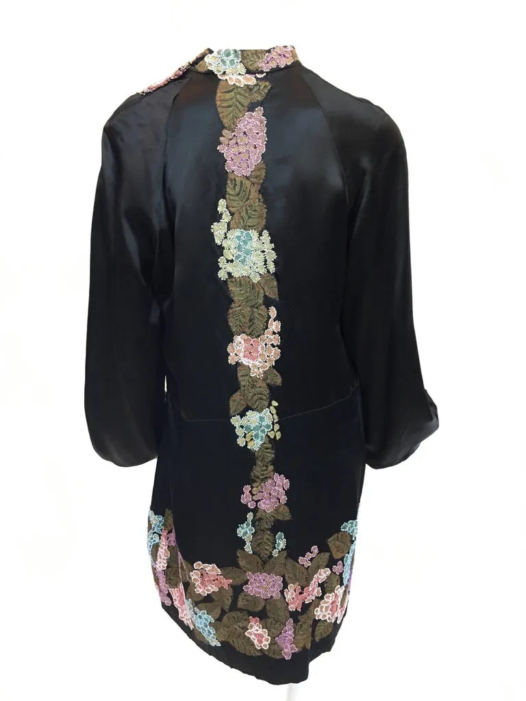 1920's Handmade Black Silk Embroidered and Beaded Floral Trim Dress