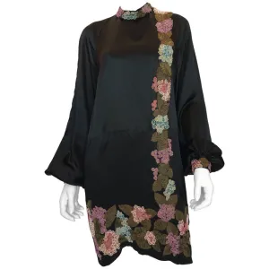1920's Handmade Black Silk Embroidered and Beaded Floral Trim Dress