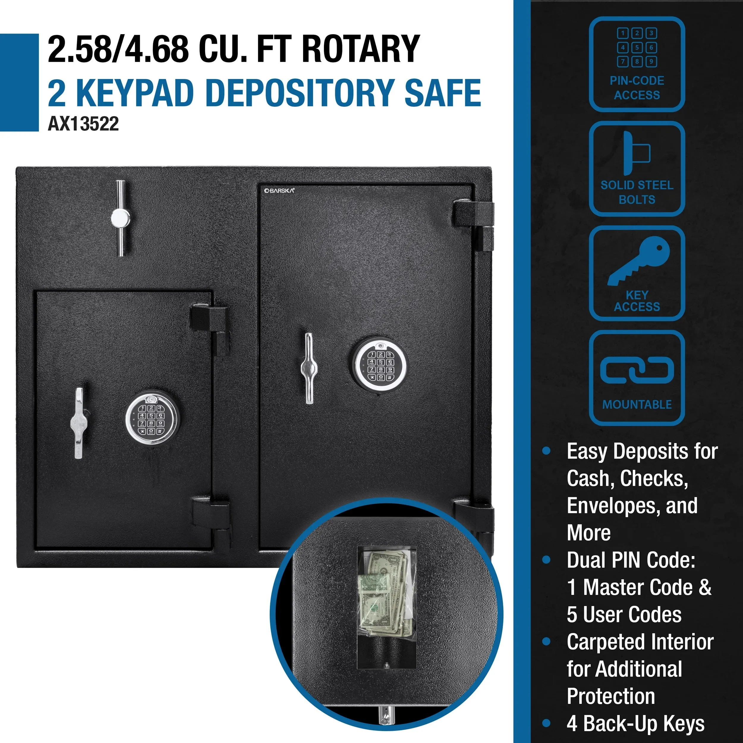 2.58/4.68 Cu. ft Dual Compartment Rotary Hopper Keypad Depository Safe | AX13522
