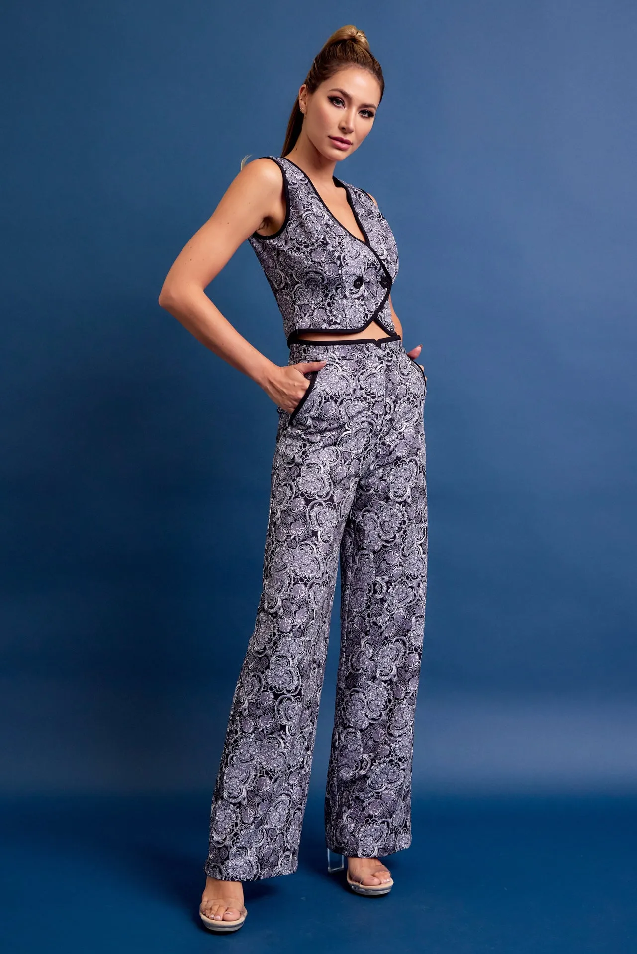 Addie Printed Vest and Pants Set with Contrast Binding