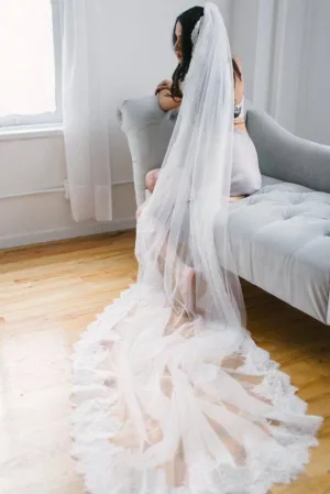 Alencon Lace Trim Long Ivory With Applique Wedding Bridal Veil