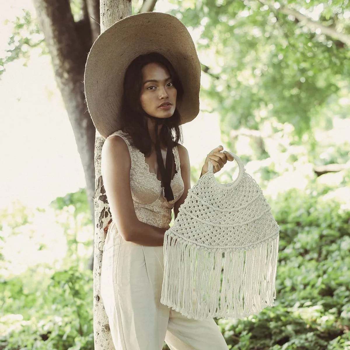 Amer Macrame Cotton Fringe Handbag-Off White