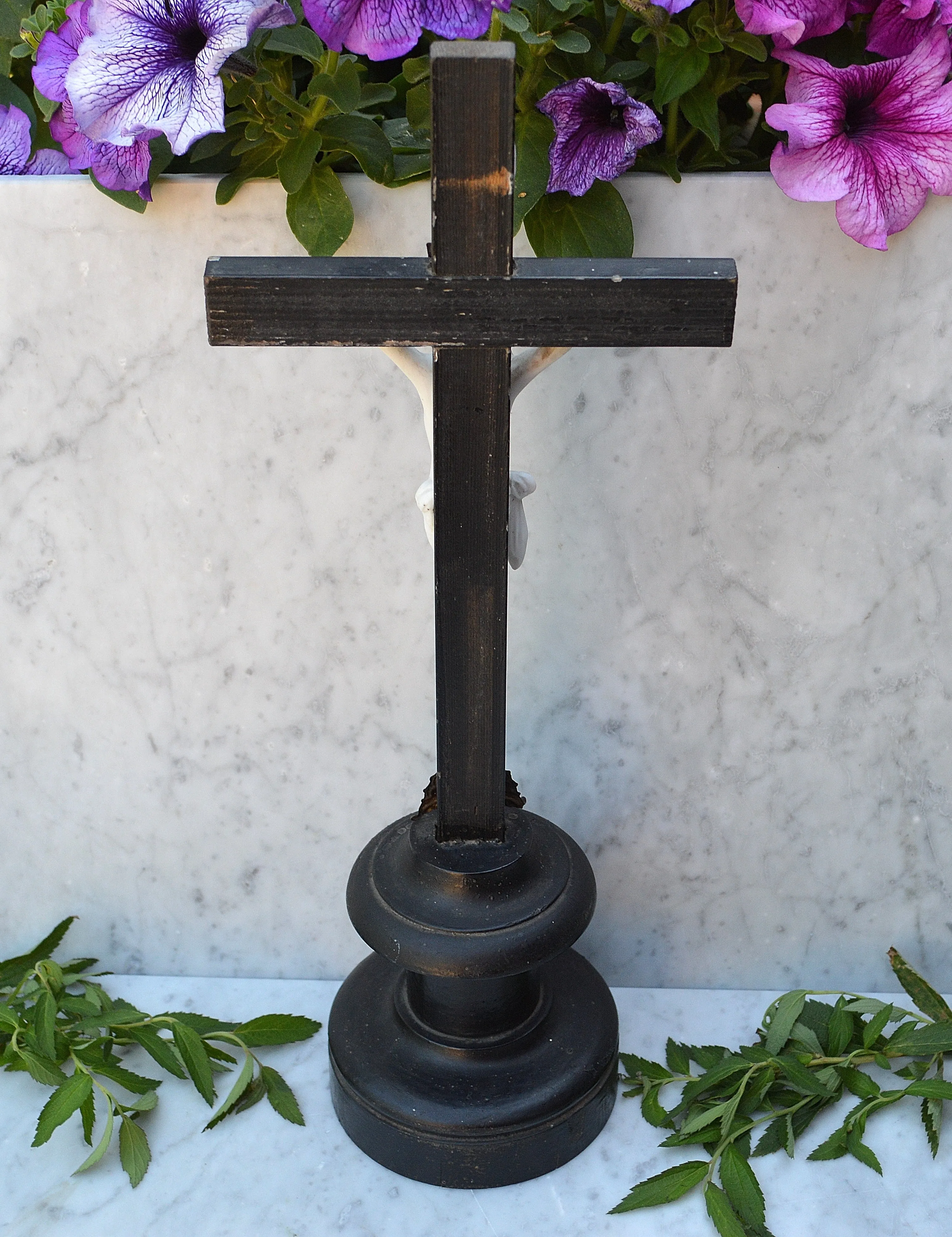 Antique German Turned Wood Crucifix Religious Altar Cross Porcelain Jesus