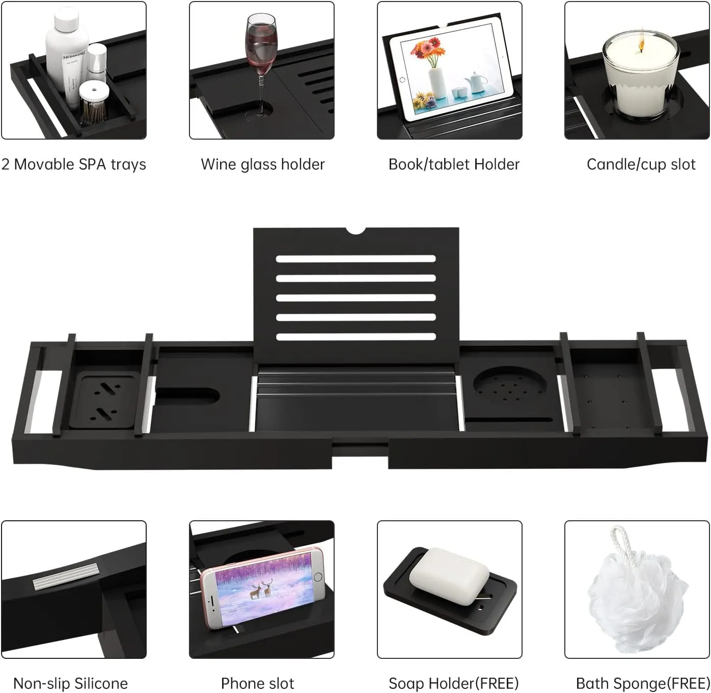 Bamboo Bathtub Tray for Luxury Bathroom, Expandable Premium Bath Tray W/Soap Towel Book Holder, Adjustable Bath Accessories for Tub,Extendable Tub Tray with Wine Glass Cup Organizer 29.5"-43.3" Black