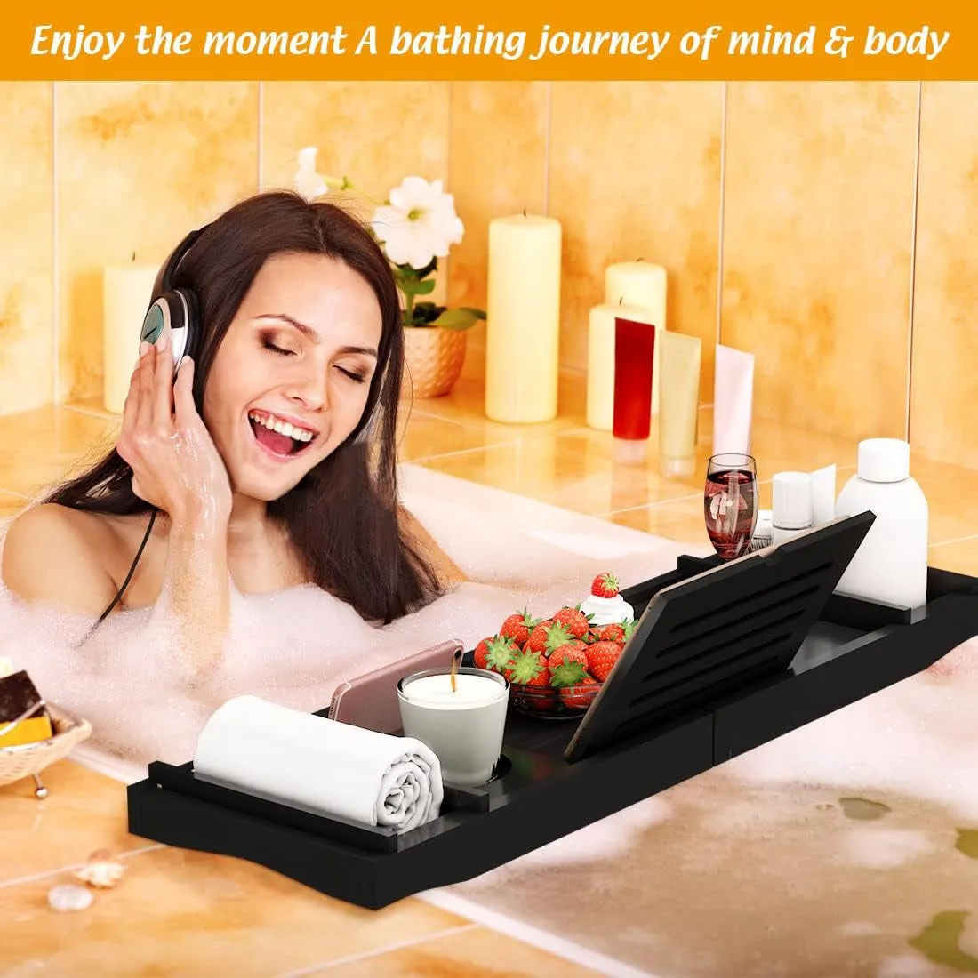 Bamboo Bathtub Tray for Luxury Bathroom, Expandable Premium Bath Tray W/Soap Towel Book Holder, Adjustable Bath Accessories for Tub,Extendable Tub Tray with Wine Glass Cup Organizer 29.5"-43.3" Black