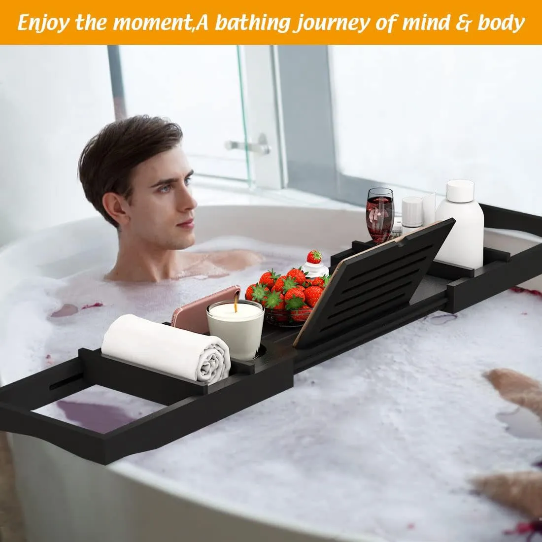 Bamboo Bathtub Tray for Luxury Bathroom, Expandable Premium Bath Tray W/Soap Towel Book Holder, Adjustable Bath Accessories for Tub,Extendable Tub Tray with Wine Glass Cup Organizer 29.5"-43.3" Black