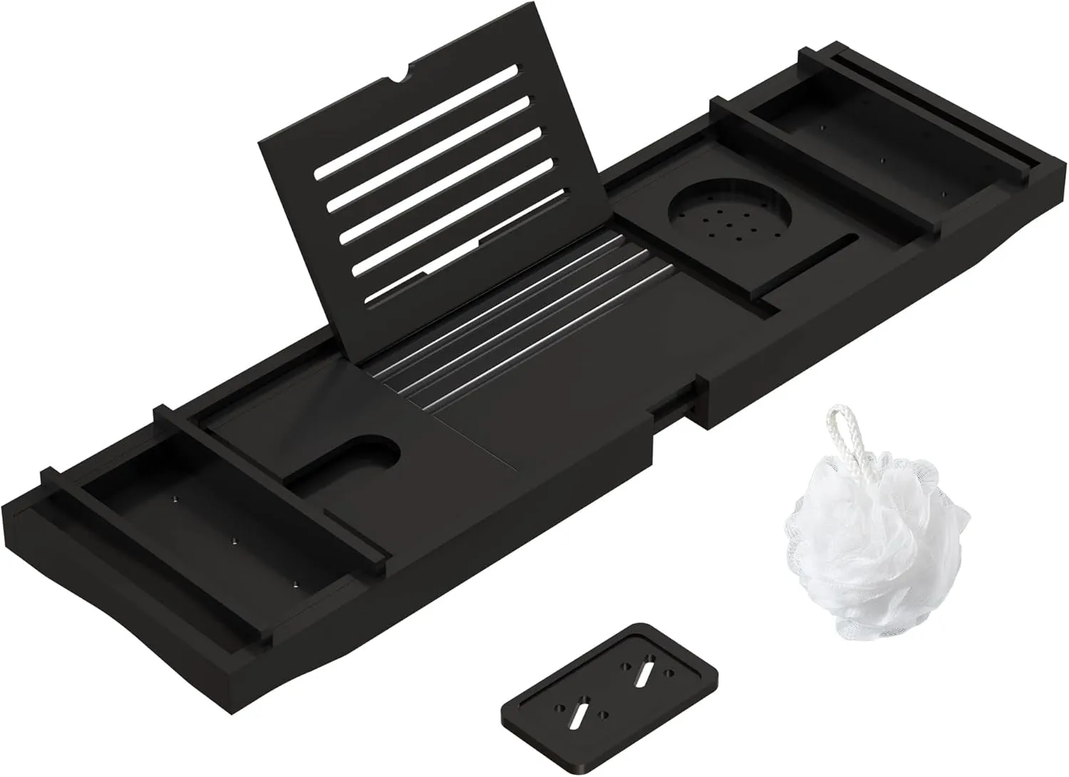 Bamboo Bathtub Tray for Luxury Bathroom, Expandable Premium Bath Tray W/Soap Towel Book Holder, Adjustable Bath Accessories for Tub,Extendable Tub Tray with Wine Glass Cup Organizer 29.5"-43.3" Black