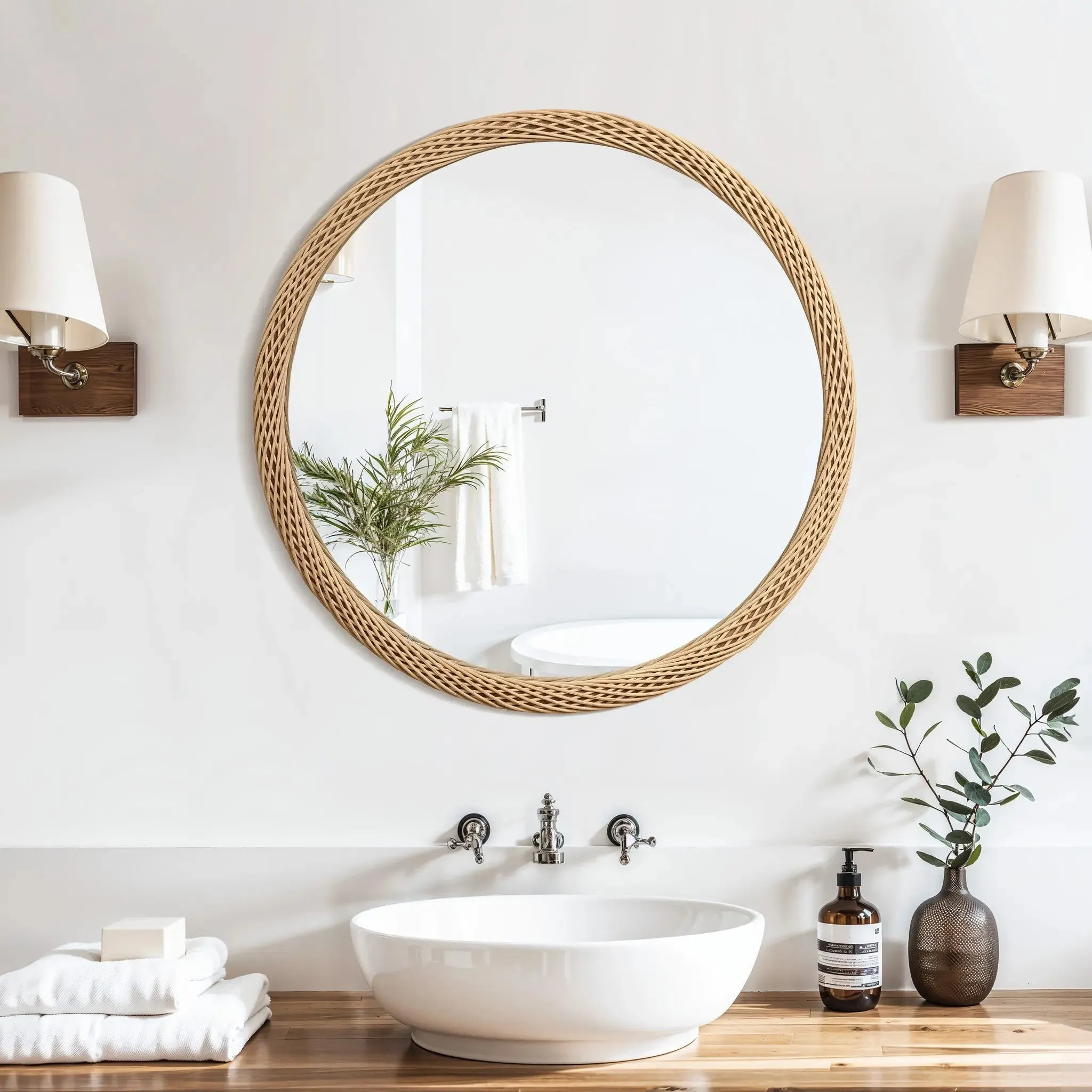 Bamboo Frame Round Accent and Vanity Wall Mirror