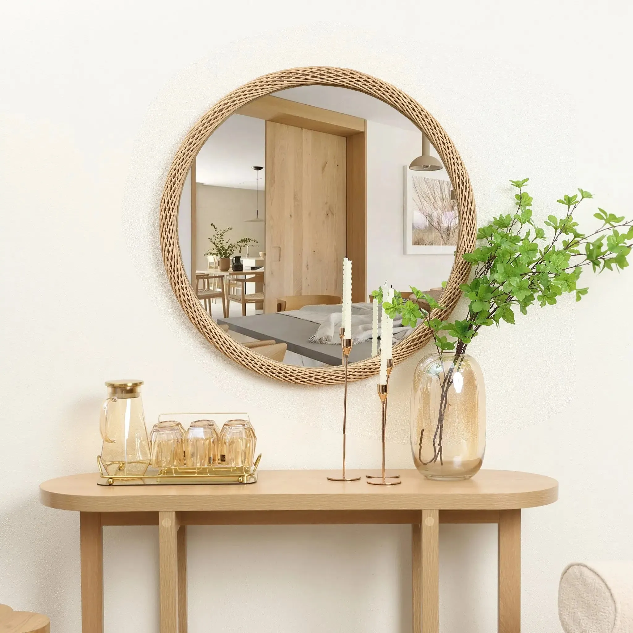 Bamboo Frame Round Accent and Vanity Wall Mirror