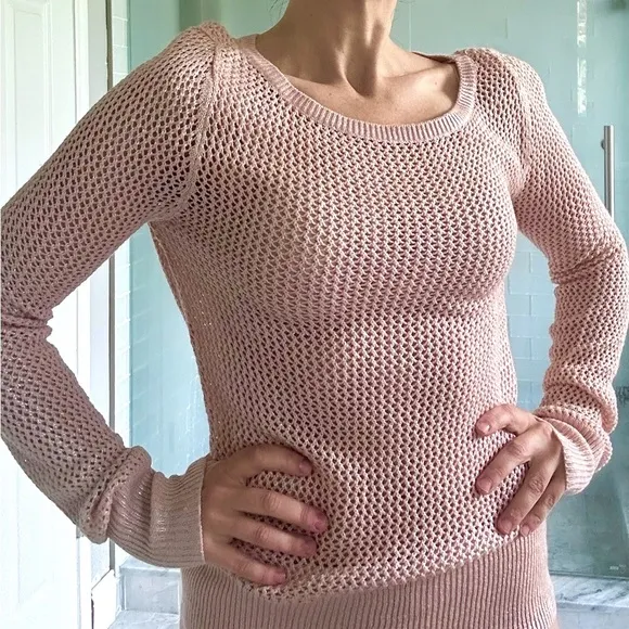 BCBG MaxAzria Metallic Dusty Pink Crochet Sweater