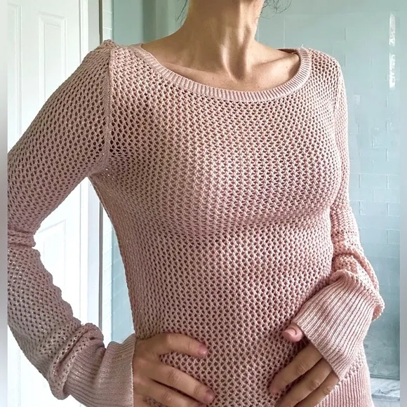 BCBG MaxAzria Metallic Dusty Pink Crochet Sweater