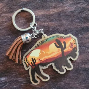 Bison Desert Scene Acrylic Keychain with Tassel