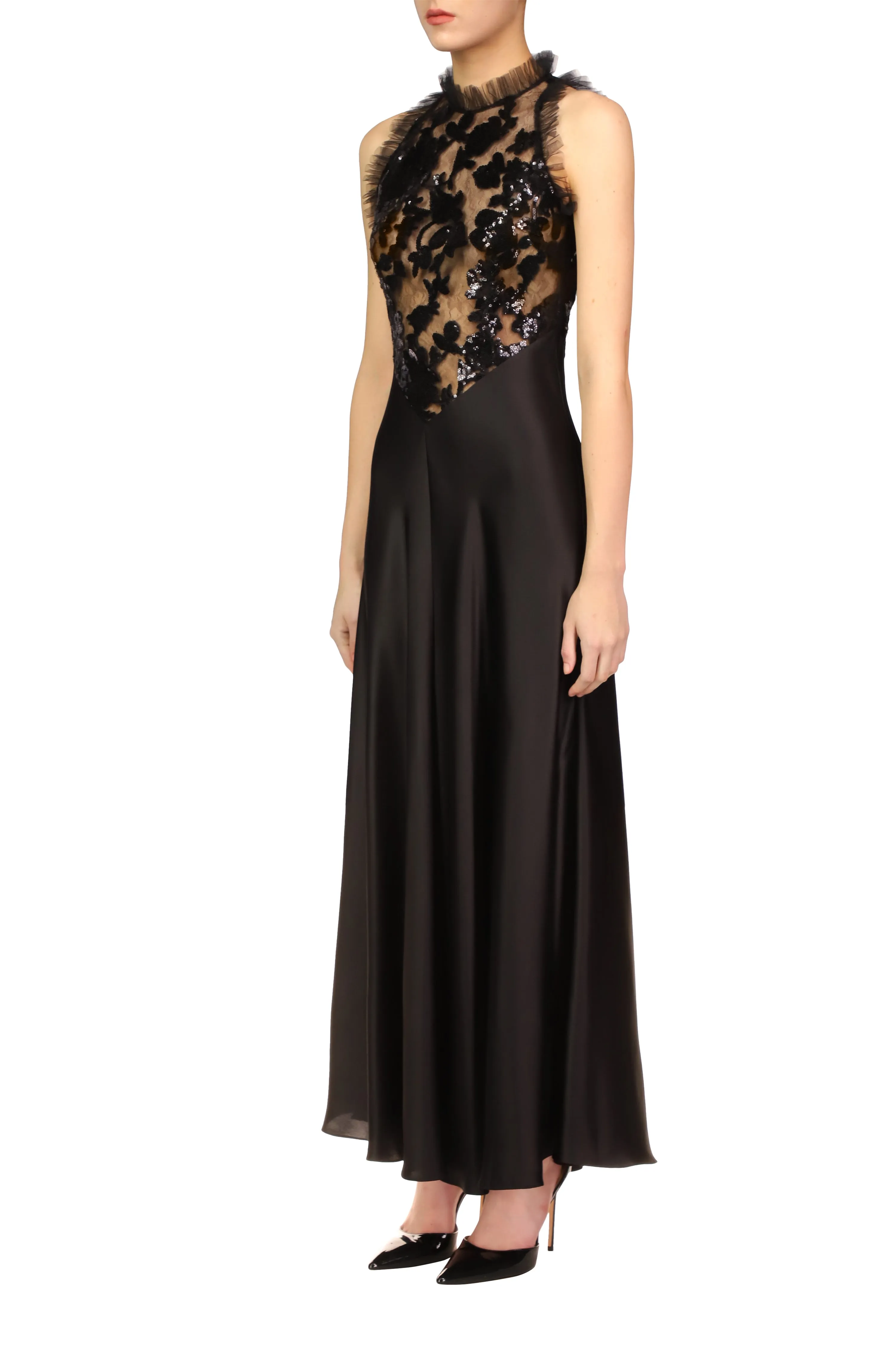 Black Silk Satin And Sequin Dress With Tulle Ruffle Detail