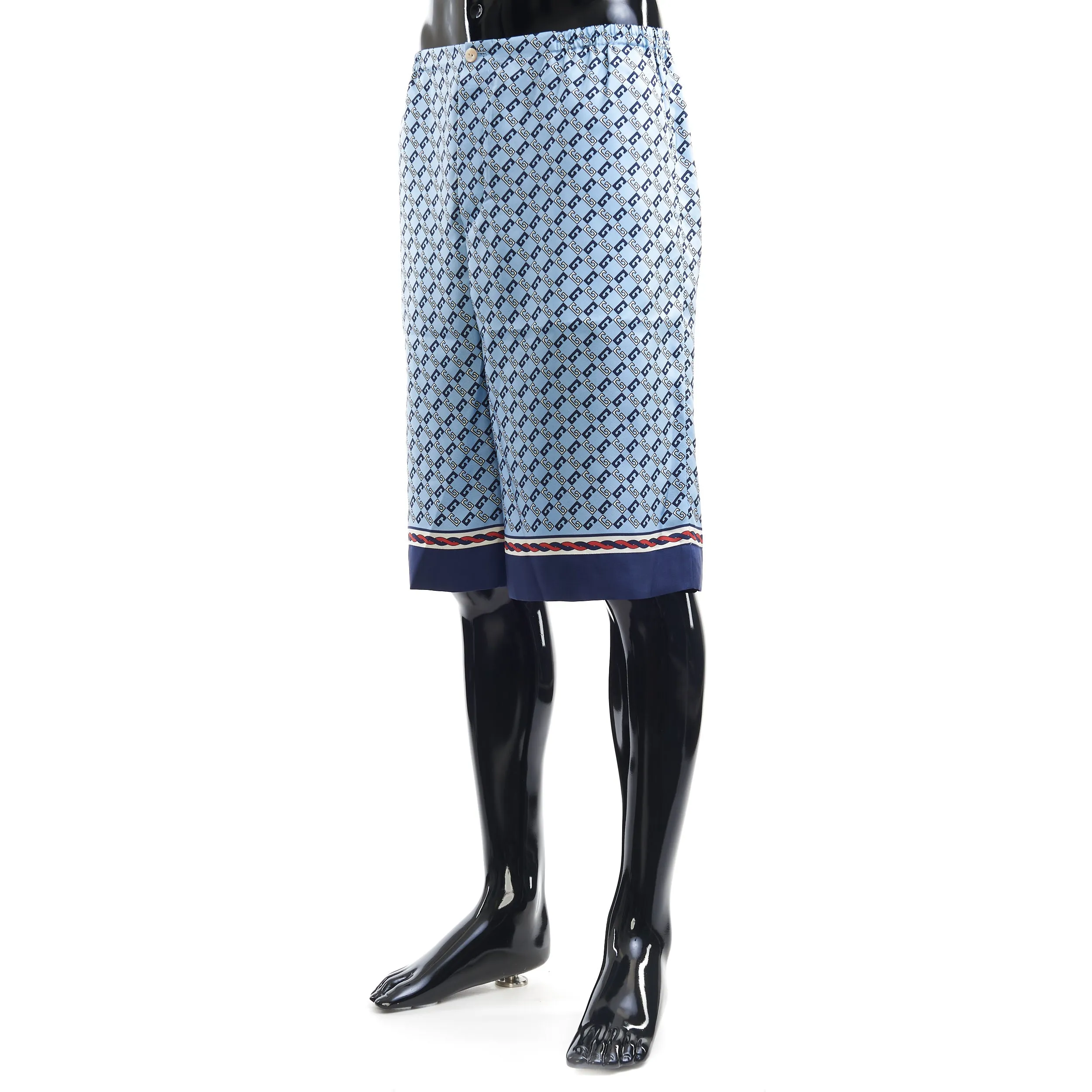 Blue Geometric Square G Print Silk Shorts