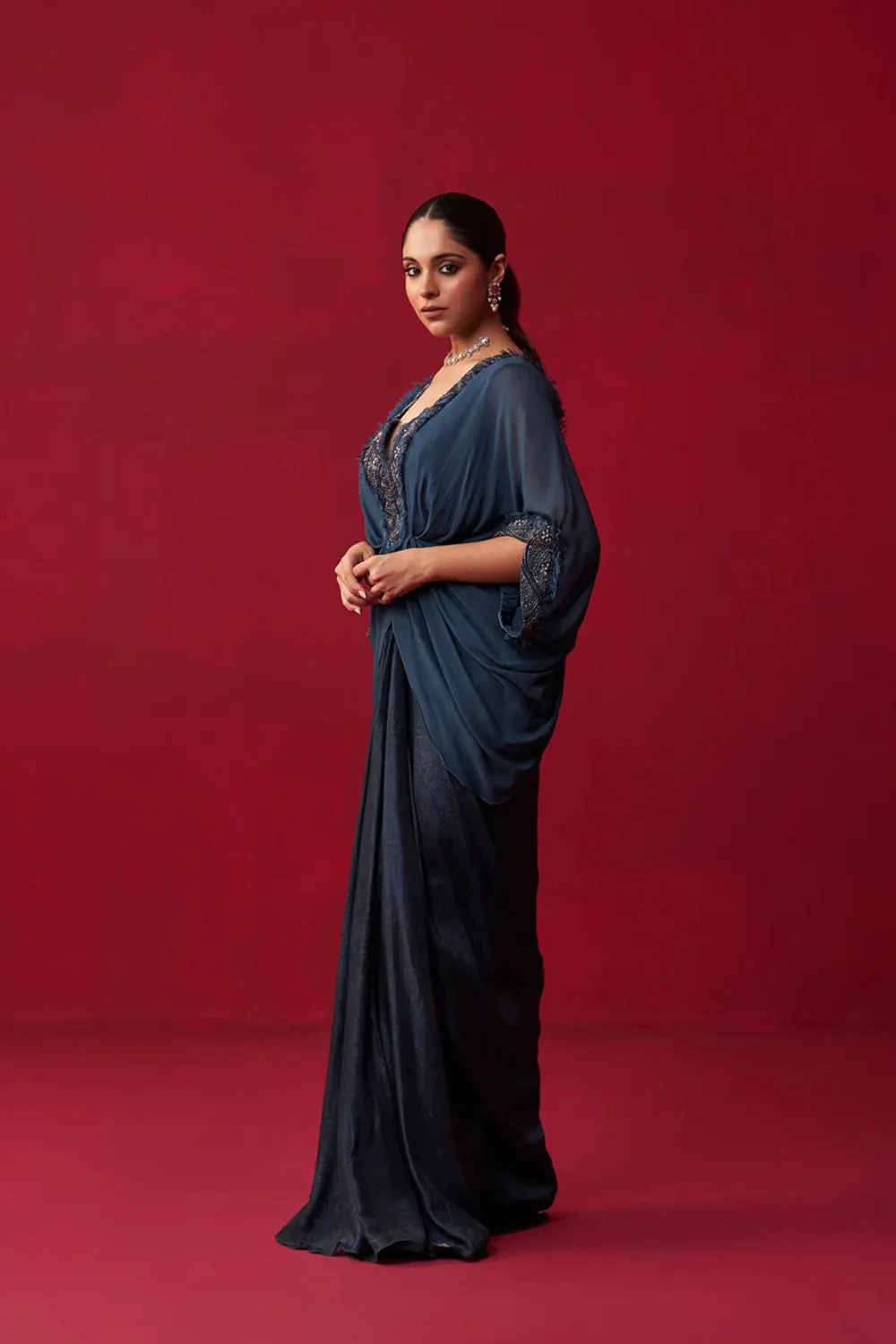 Blue Georgette Draped Top And Skirt Set