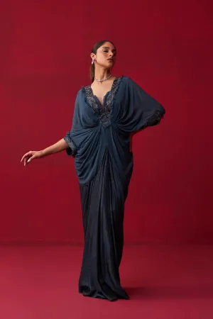 Blue Georgette Draped Top And Skirt Set