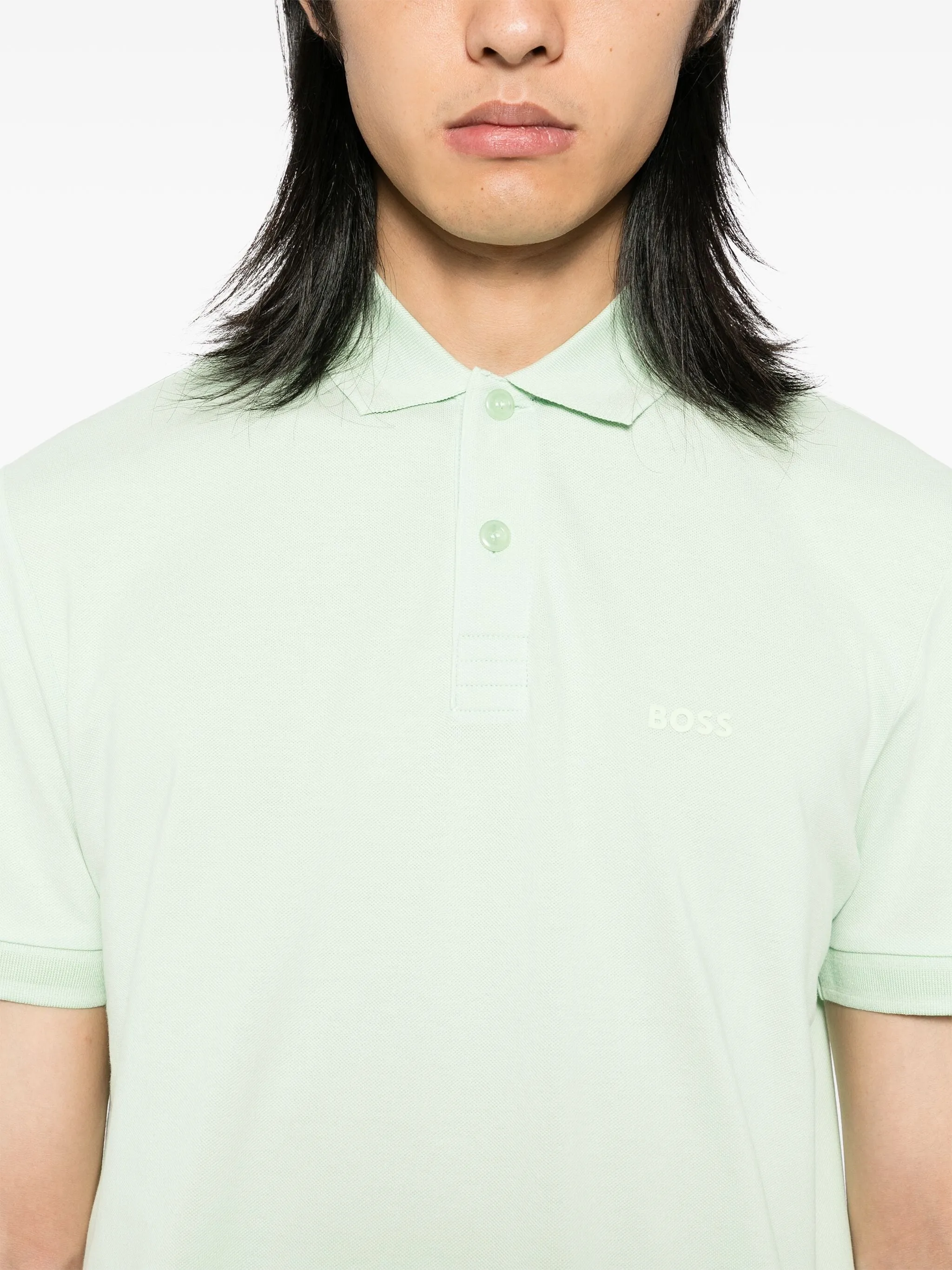 BOSS Pio 1 Logo Print Cotton Polo Shirt Open Green