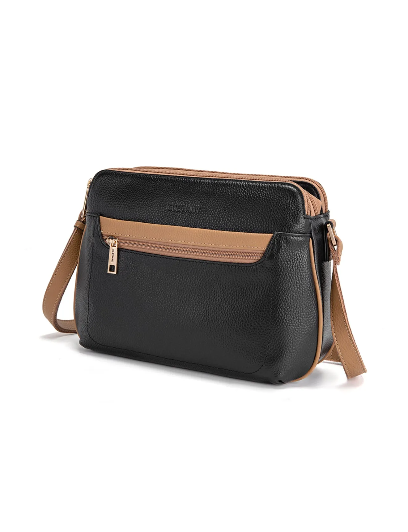 BROOKE TRIPLE COMPARTMENT LEATHER XBODY BAG- E1-0828-BLK/CAM