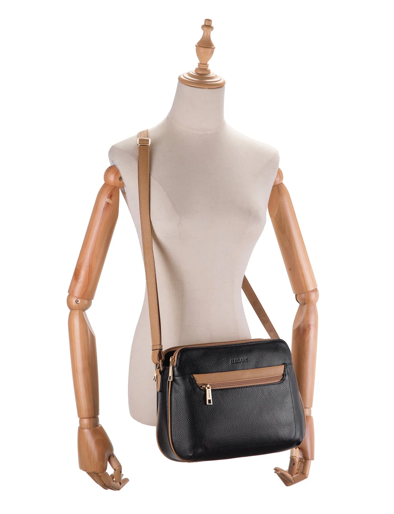 BROOKE TRIPLE COMPARTMENT LEATHER XBODY BAG- E1-0828-BLK/CAM