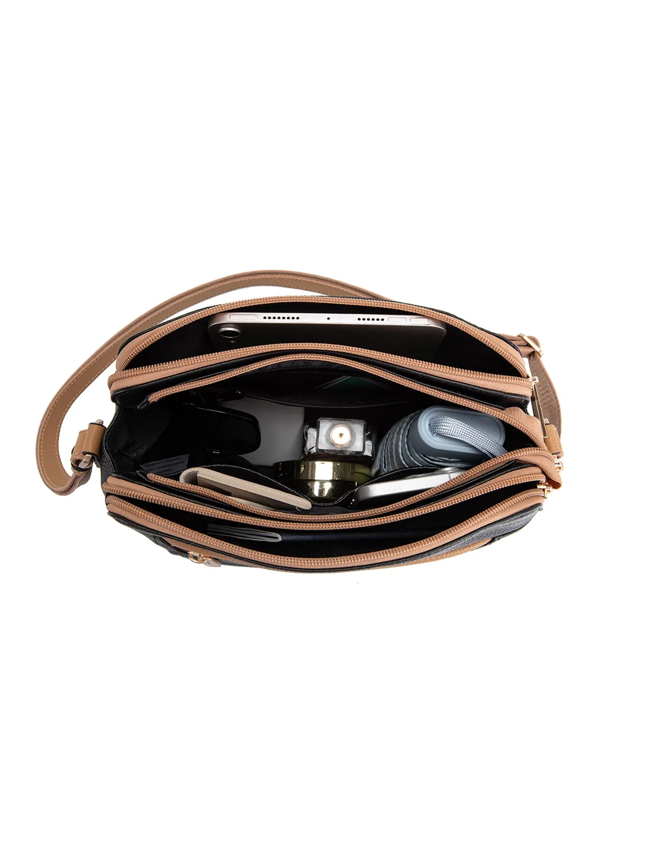 BROOKE TRIPLE COMPARTMENT LEATHER XBODY BAG- E1-0828-BLK/CAM