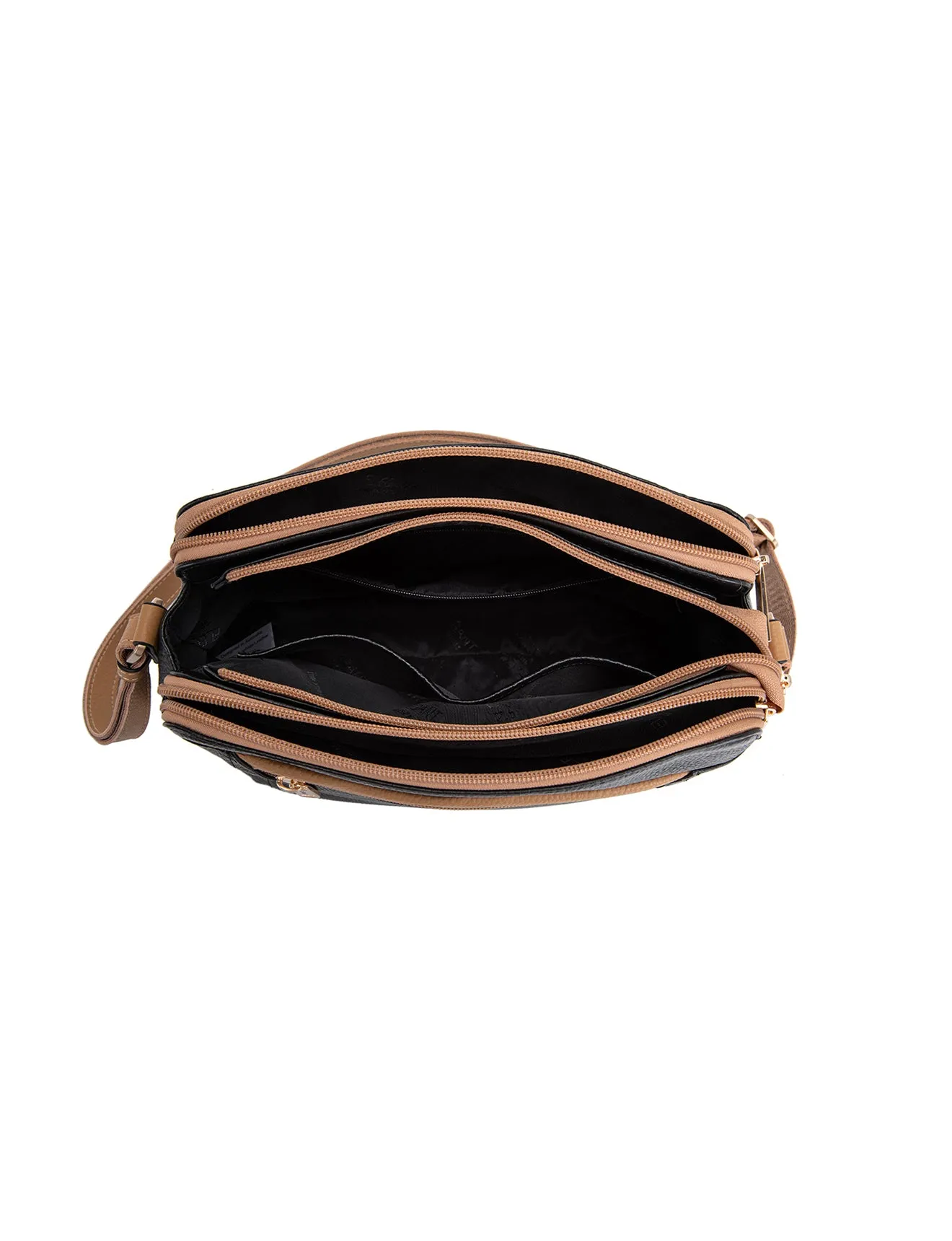 BROOKE TRIPLE COMPARTMENT LEATHER XBODY BAG- E1-0828-BLK/CAM