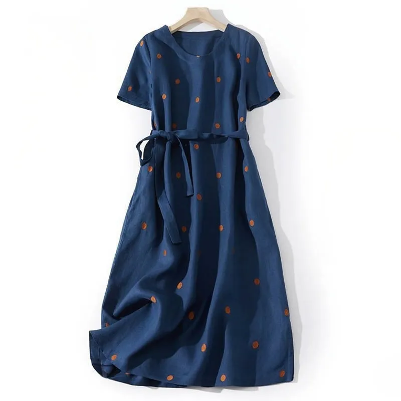 Buddha Stones Casual Dot Pattern Short Sleeve Lace-up Cotton Linen Women's Maxi Dress With Pockets