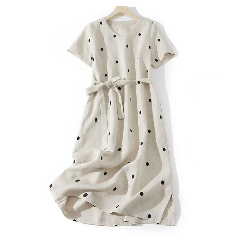 Buddha Stones Casual Dot Pattern Short Sleeve Lace-up Cotton Linen Women's Maxi Dress With Pockets