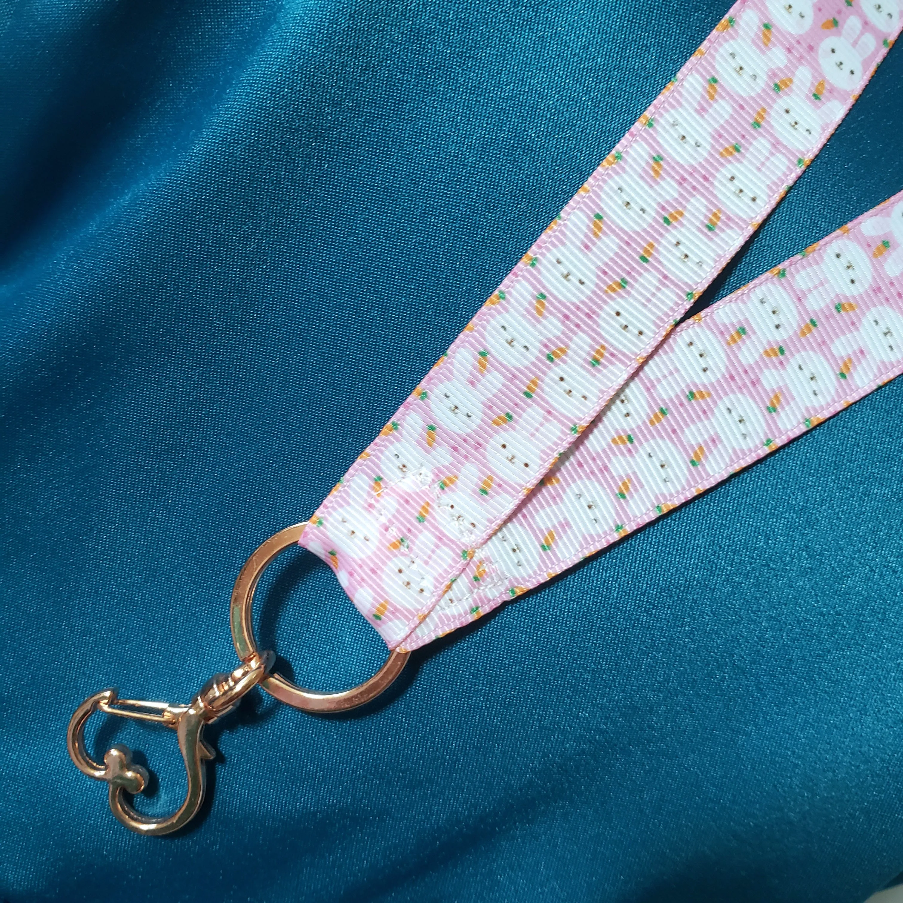 Bunny Faces on Pink with Carrots Lanyard with Rose Gold Heart Clasp