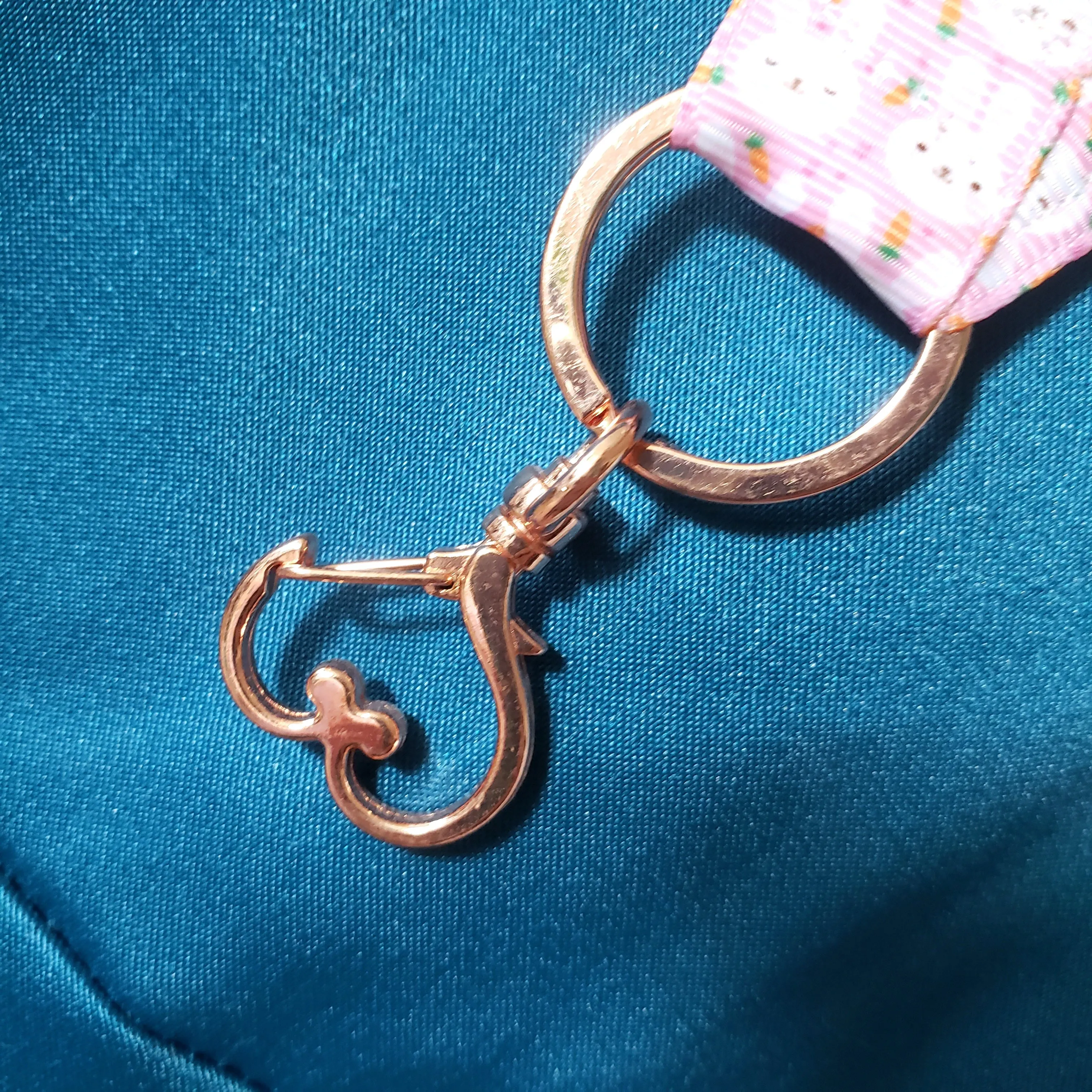 Bunny Faces on Pink with Carrots Lanyard with Rose Gold Heart Clasp
