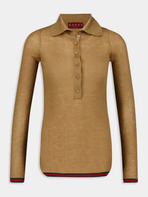 Camel Fine Rib Cashmere-Silk Knit Polo