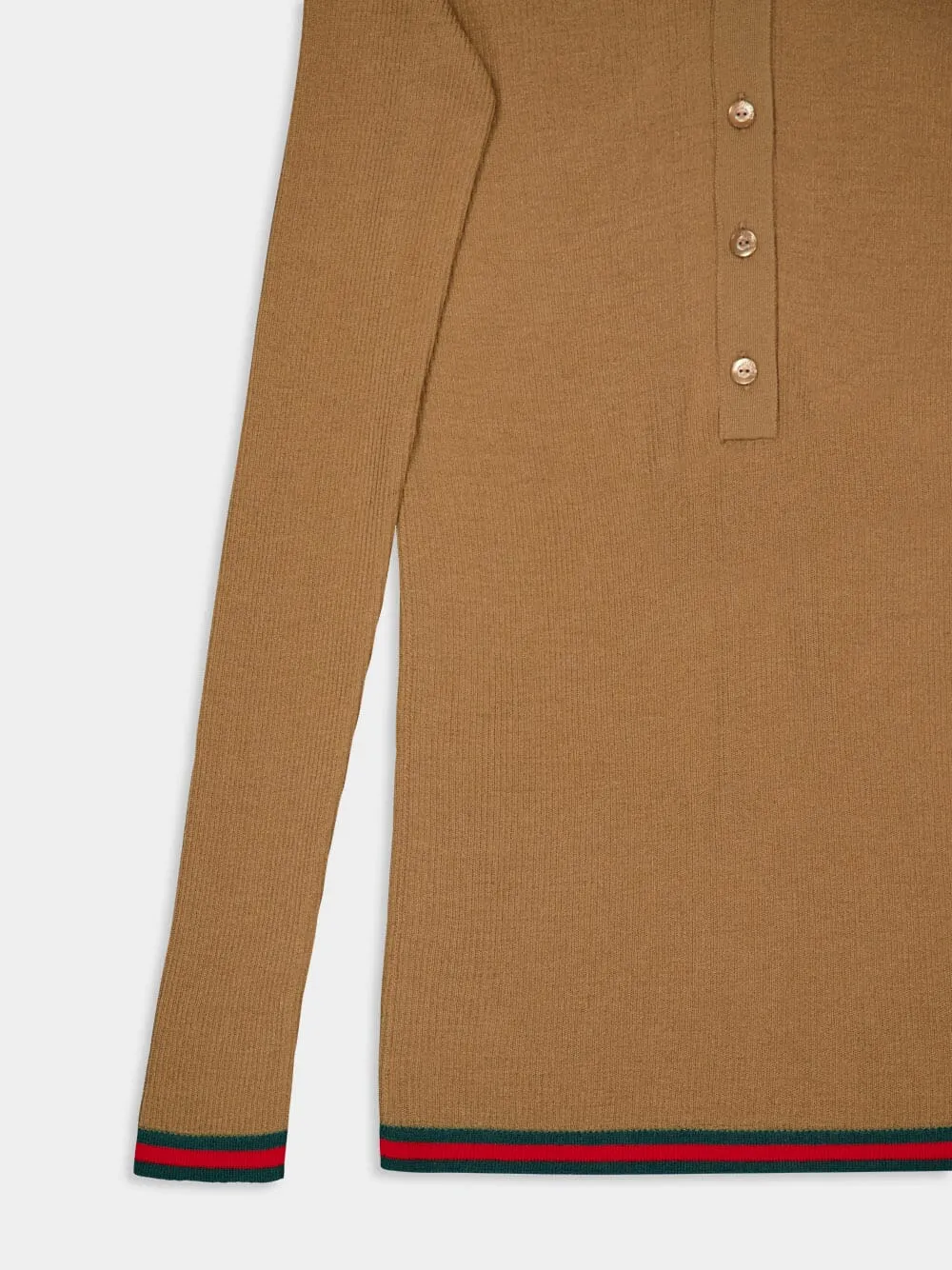 Camel Fine Rib Cashmere-Silk Knit Polo