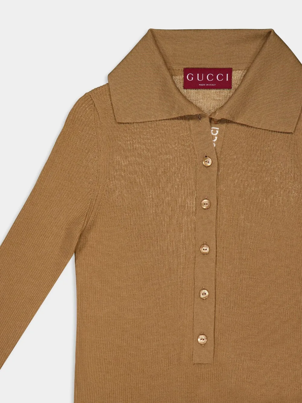 Camel Fine Rib Cashmere-Silk Knit Polo