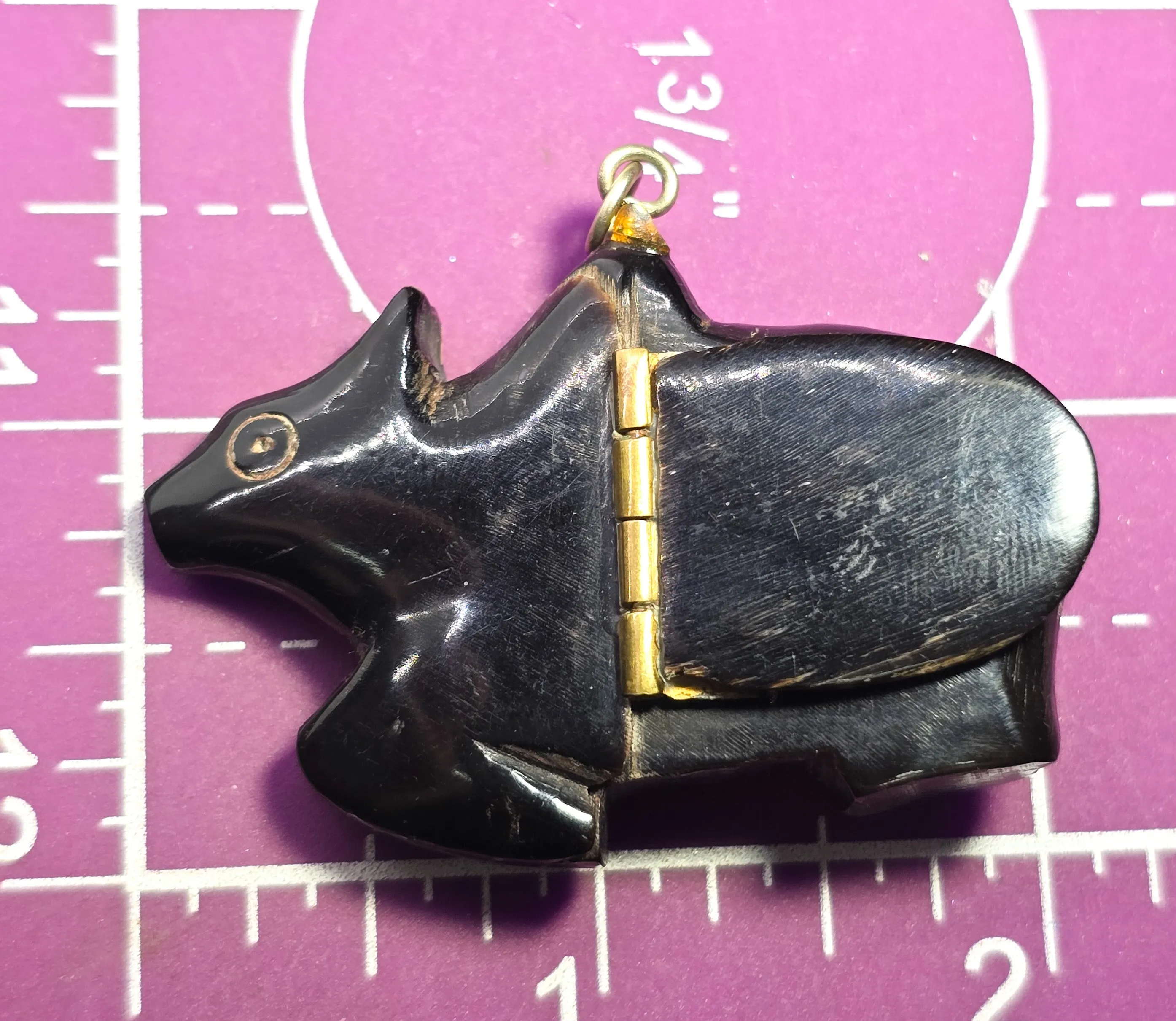 Carved Buffalo horn Rabbit bunny figural snuff box artisan pendant