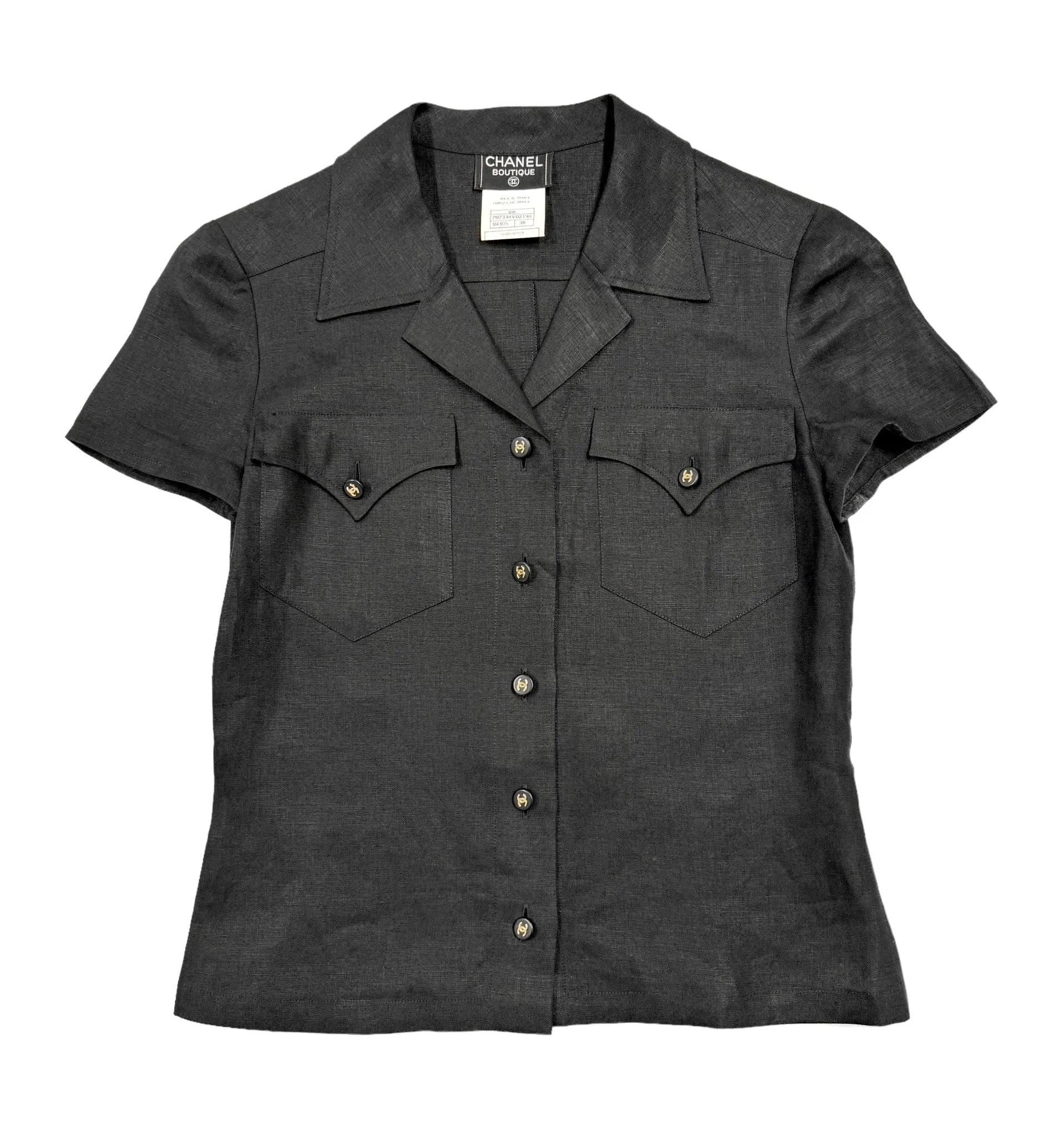 Chanel Black Linen Short Sleeve Logo Button Down