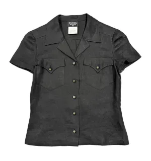 Chanel Black Linen Short Sleeve Logo Button Down