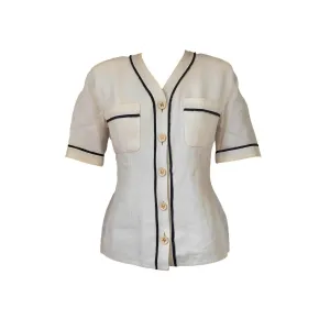 Chanel Cream Linen Logo Button Top