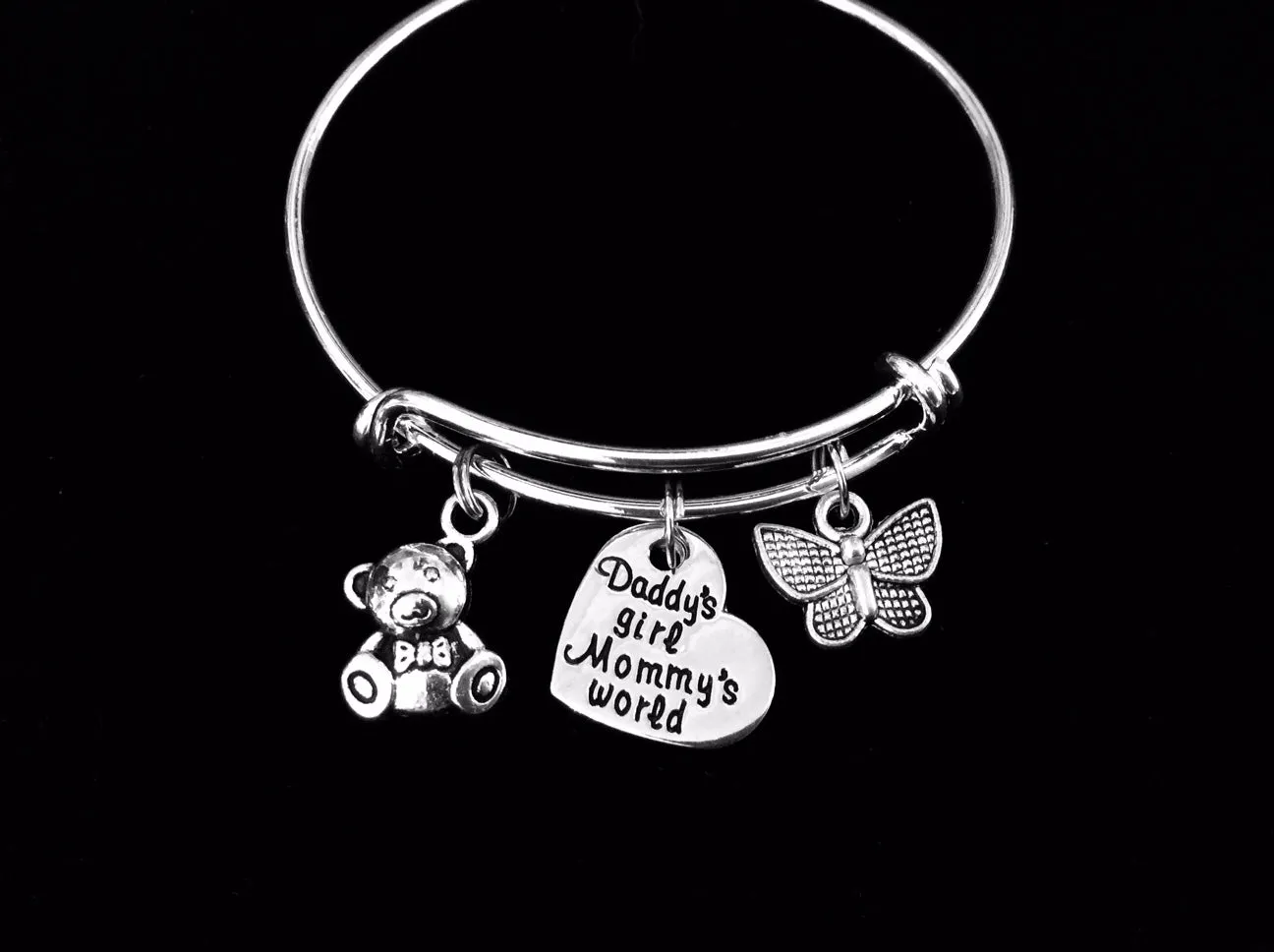 Child's Size Daddy's Girl Mommy's World Butterfly Teddy Bear Adjustable Bracelet Expandable Charm Bracelet Gift Kids Size