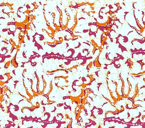China Seas Fabric: Hulai Batik - Magenta / Orange on White Belgian Linen / Cotton